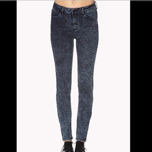 high-waisted dark blue acid wash jeans