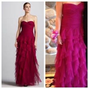 Monique L'Huillier Fuschia Strapless Ruffled Gown