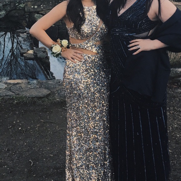 GOLD&SILVER SEQUIN ILLUSION CUT OUT PROM DRESS