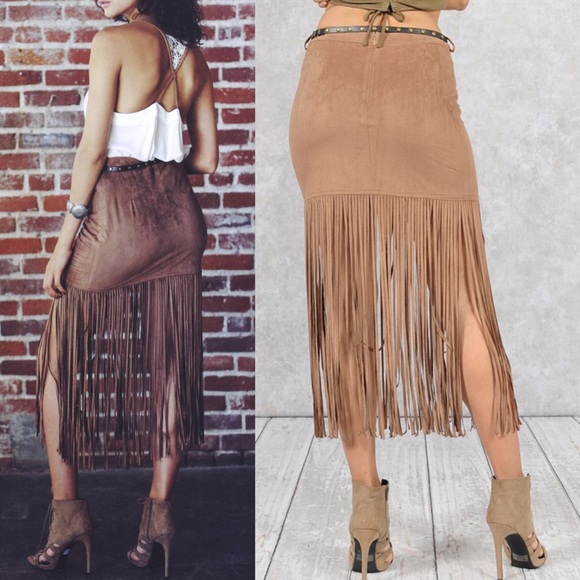 🆕KAMA suede fringe skirt - CAMEL - Picture 4 of 4