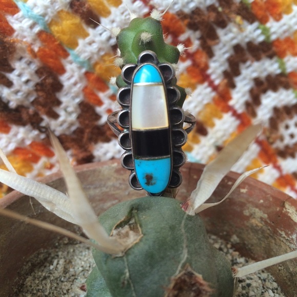 💍 Vintage Turquoise Abalone Onyx Ring Boho Silver - Picture 2 of 4