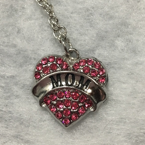 Pink Crystal Rhinestone Silver Mom Necklace (M1) - Picture 4 of 5