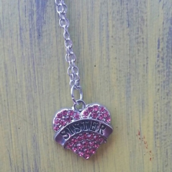 Pink Crystal Rhinestone Silver Sister Necklace (M1 - Picture 2 of 4