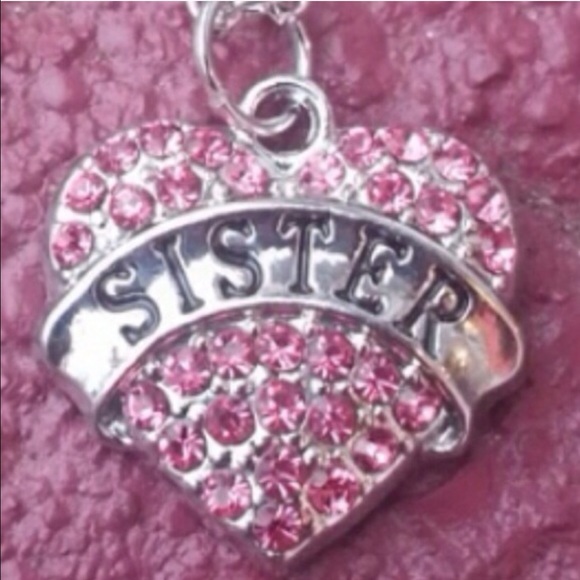 Pink Crystal Rhinestone Silver Sister Necklace (M1 - Picture 4 of 4
