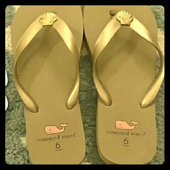 Vineyard Vines gold flip flops with whale sticker!