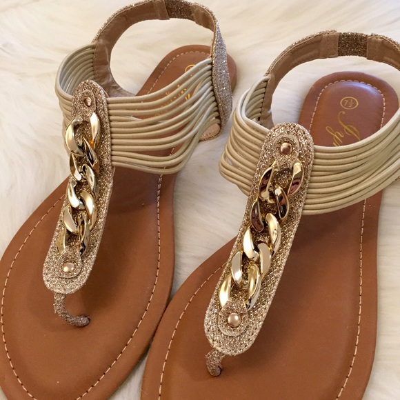 Gold Glitter & Chain Link T-Strap Sandals LAST 8.5 - Picture 2 of 4