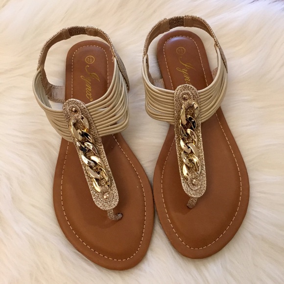Gold Glitter & Chain Link T-Strap Sandals LAST 8.5 - Picture 4 of 4