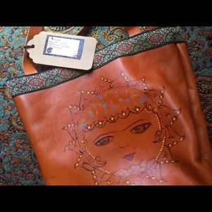 Leather hand painted Lotus bag