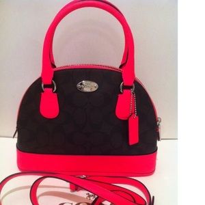 Coach MINI Cora Dome Satchel Brown/ Neon pink