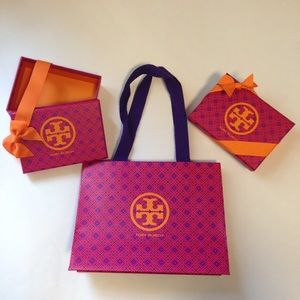 2 small Tory Burch gift boxes and 1 small gift bag