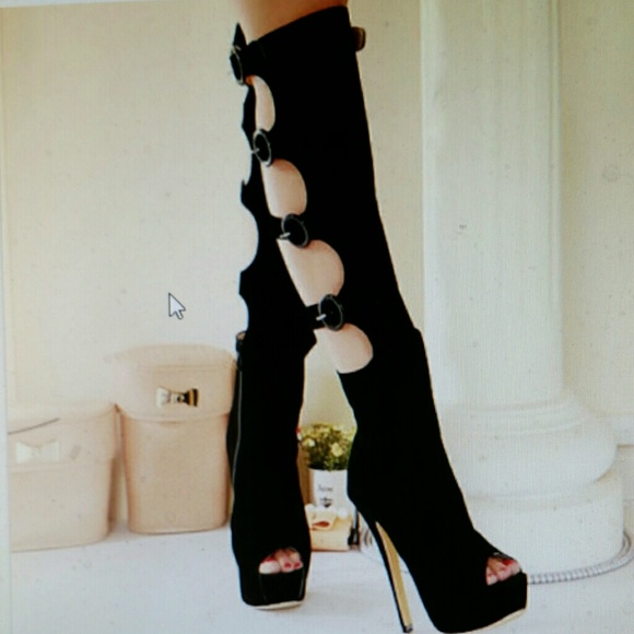 Black knee high hollow out boots