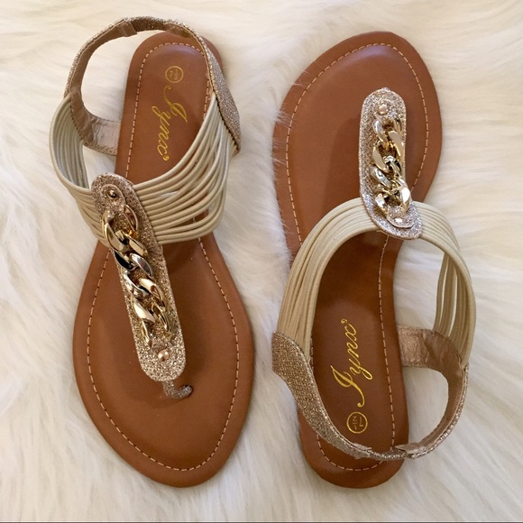 Boutique Shoes - Gold Glitter & Chain Link T-Strap Sandals 7.5