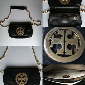 TORY BURCH LEATHER LOGO CLUTCH BAG, BLACK