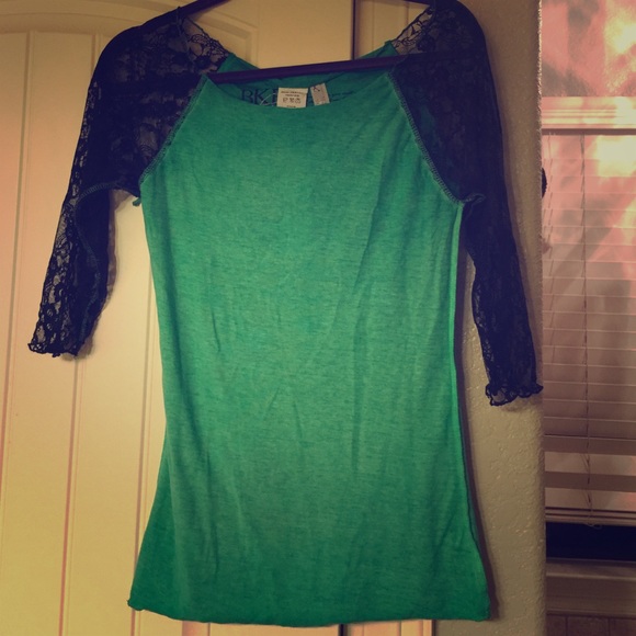 BKE Denim Green Top lace sleeves