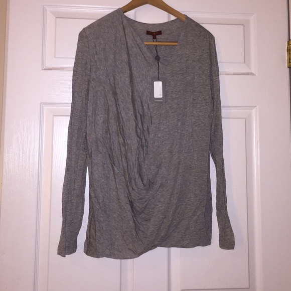 Gray long sleeve draped cowl neck shirt