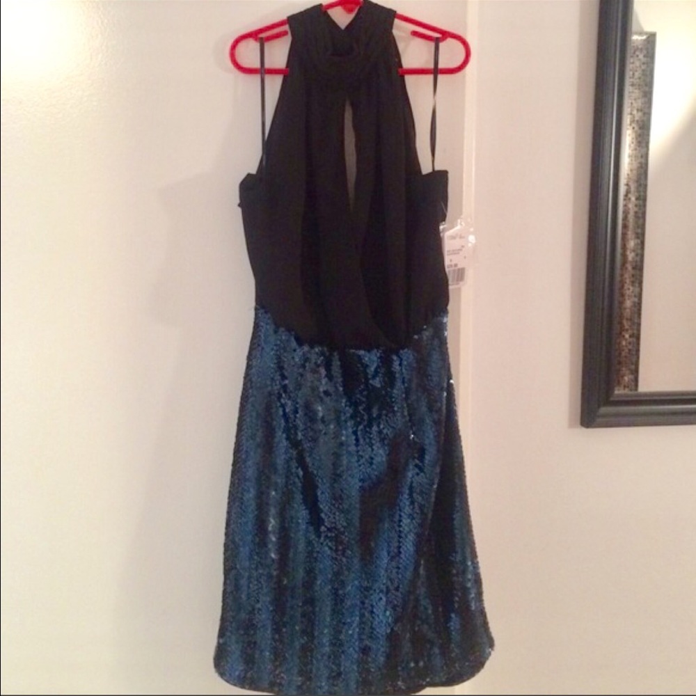 Black with peacock colored sequins halter dress
