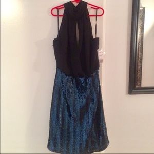 Black with peacock colored sequins halter dress