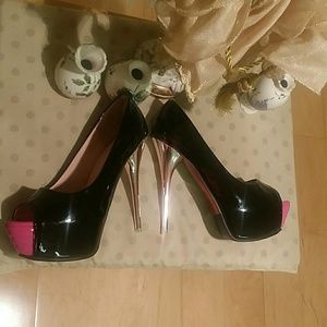 Black, pink, silver heels.