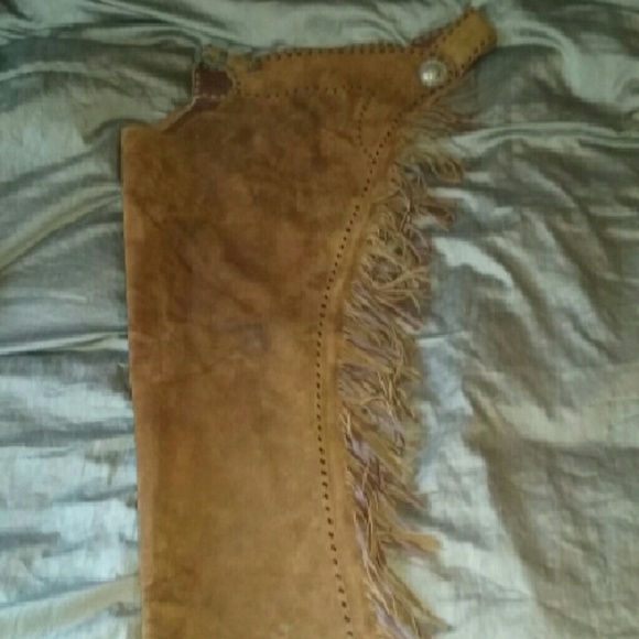 Custome suede chaps with zipper and fringe.