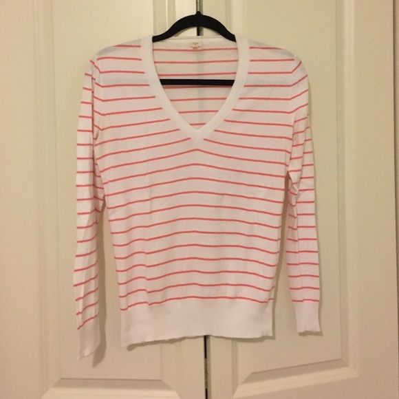 J. Crew Coral and White Stripe V Neck Sweater
