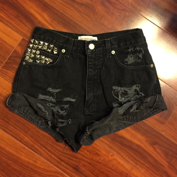 Black studded distressed high waisted shorts
