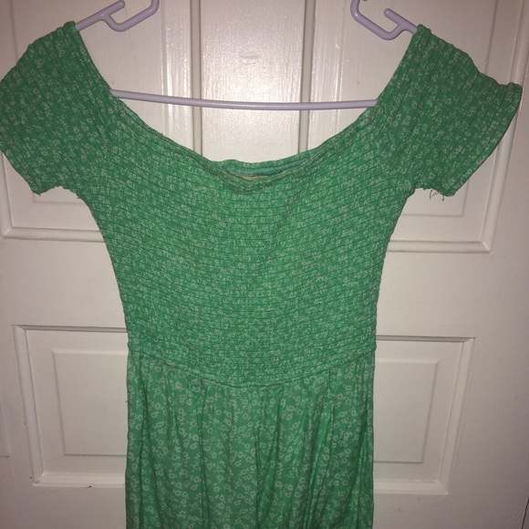 Sea foam off the shoulder mini dress