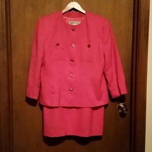 Two piece hot pink suit.