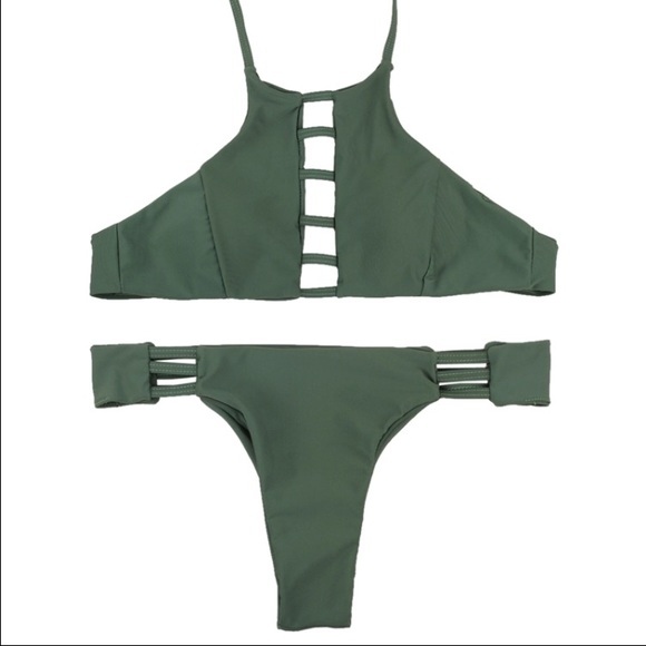 High top green halter bikini set