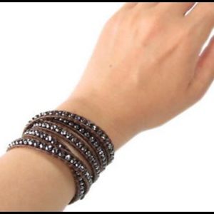 CHAN LUU HEMATITE WRAP BRACELET ON BROWN LEATHER