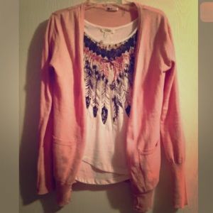 Short sleeve blouse + pink lightweight cardigan