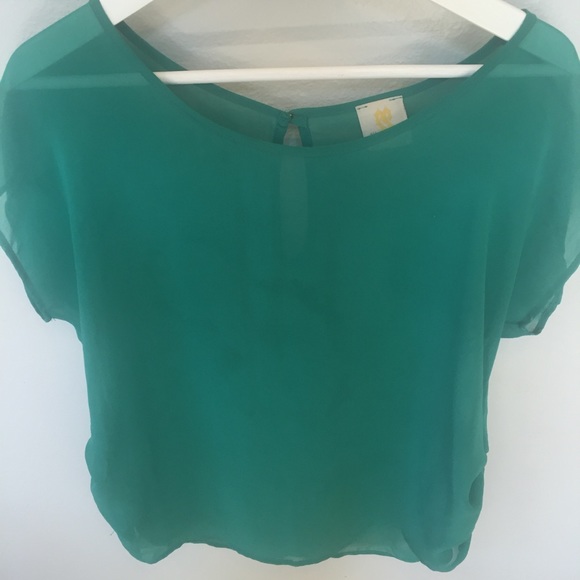 Sheer cap sleeved jade green top