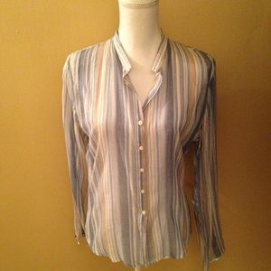 Nine West Sheer Blue Stripe Button Front