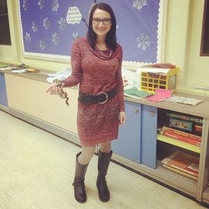 Cowl neck sweater dress.