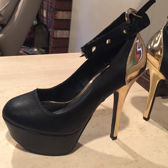 Black and gold heels with ankle strap
