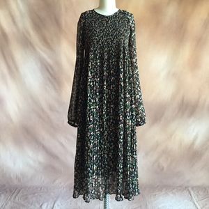 Zara black floral pleated chiffon midi dress