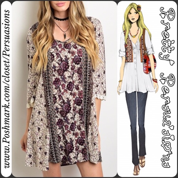 LAST ONE💜Boho Printed Crochet Back Shift Dress - Picture 2 of 2