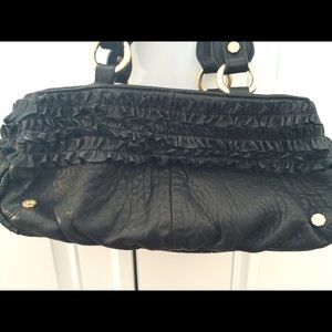 Bill Blass Black Leather Satchel w/ Ruffle Detail