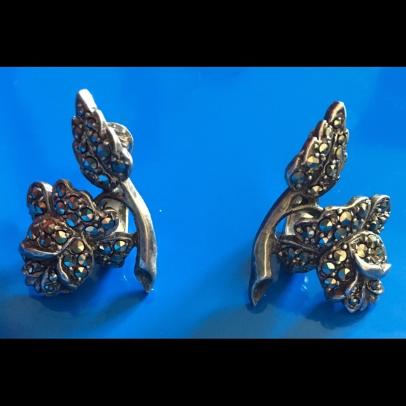 vintage silver marcasite rose clip earrings