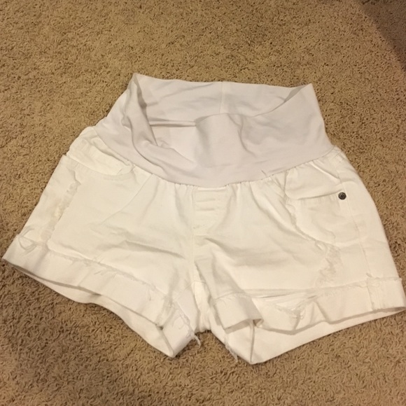 White maternity distressed jean shorts