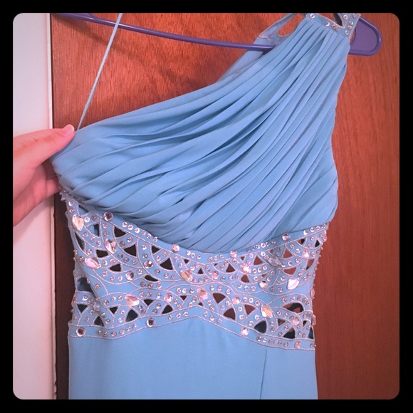 Long green-blue special occasion oneshoulder dress