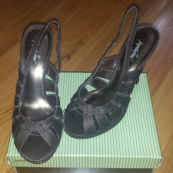 Brown satin sling back strappy heels