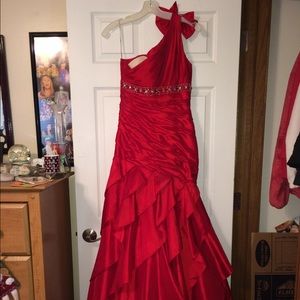 Red over the shoulder prom dress