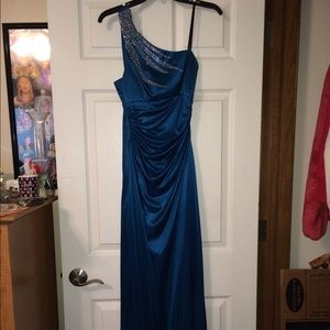 blue over the shoulder prom dress