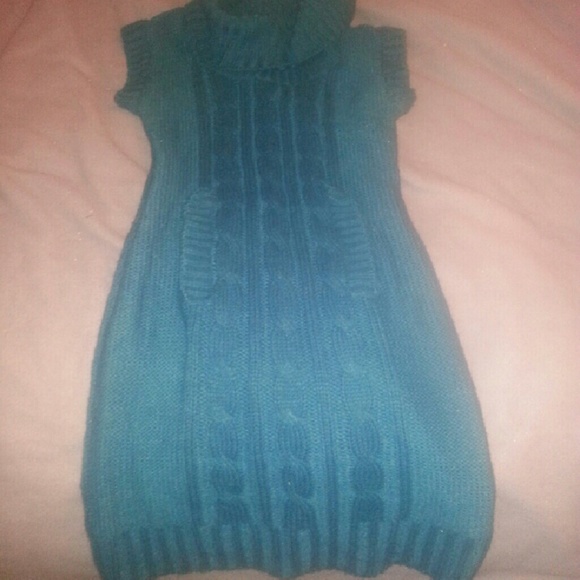 Teal Derek Heart Cowl Neck Sweater Mini Dress