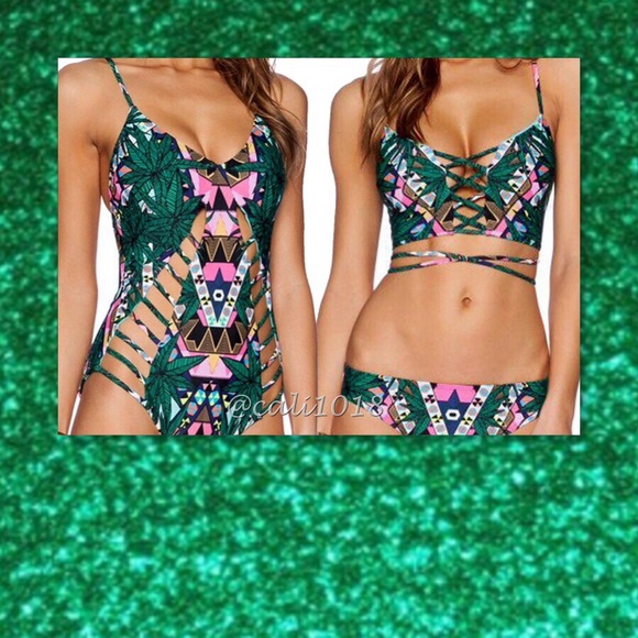 ๐HP๐ ๐ REVERSIBLE Green Tribal Caged Bikini - Picture 3 of 4