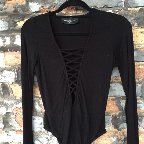 Low Cut Laced Tied Black Akira Body Suit