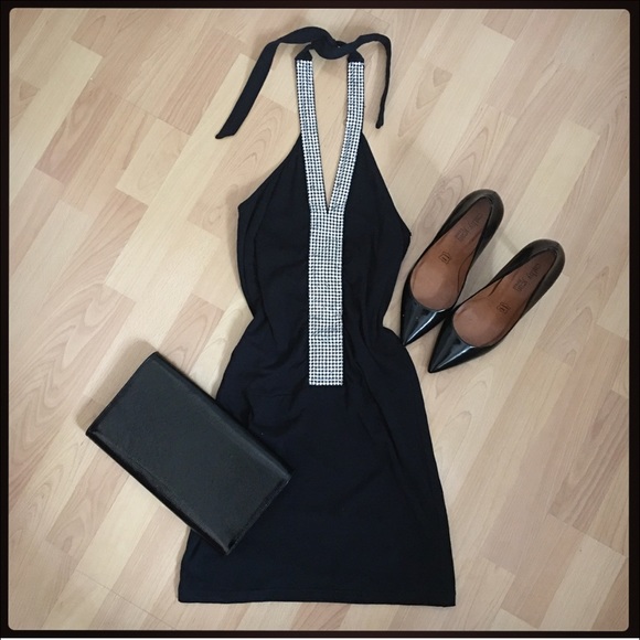 Black halter top dress with rhinestones