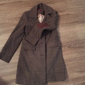 Long, brown peacoat with elbow pads