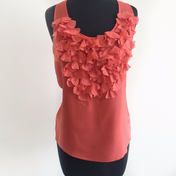 ✨SOLD✨ Bebe Dark Coral Petal Appliqué Silk Top - Picture 2 of 4