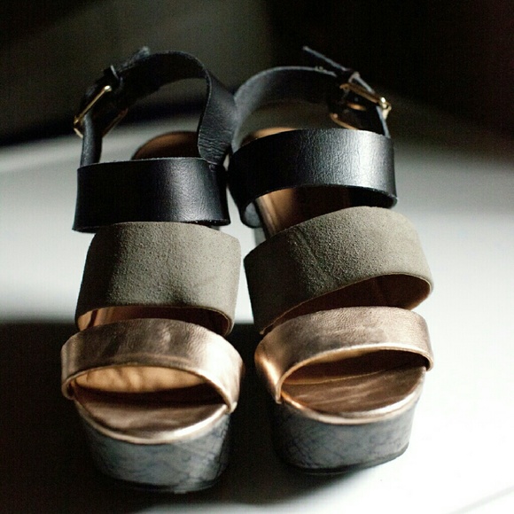 Banded Taupe and Gold Ankle Platform Wedges Sandal